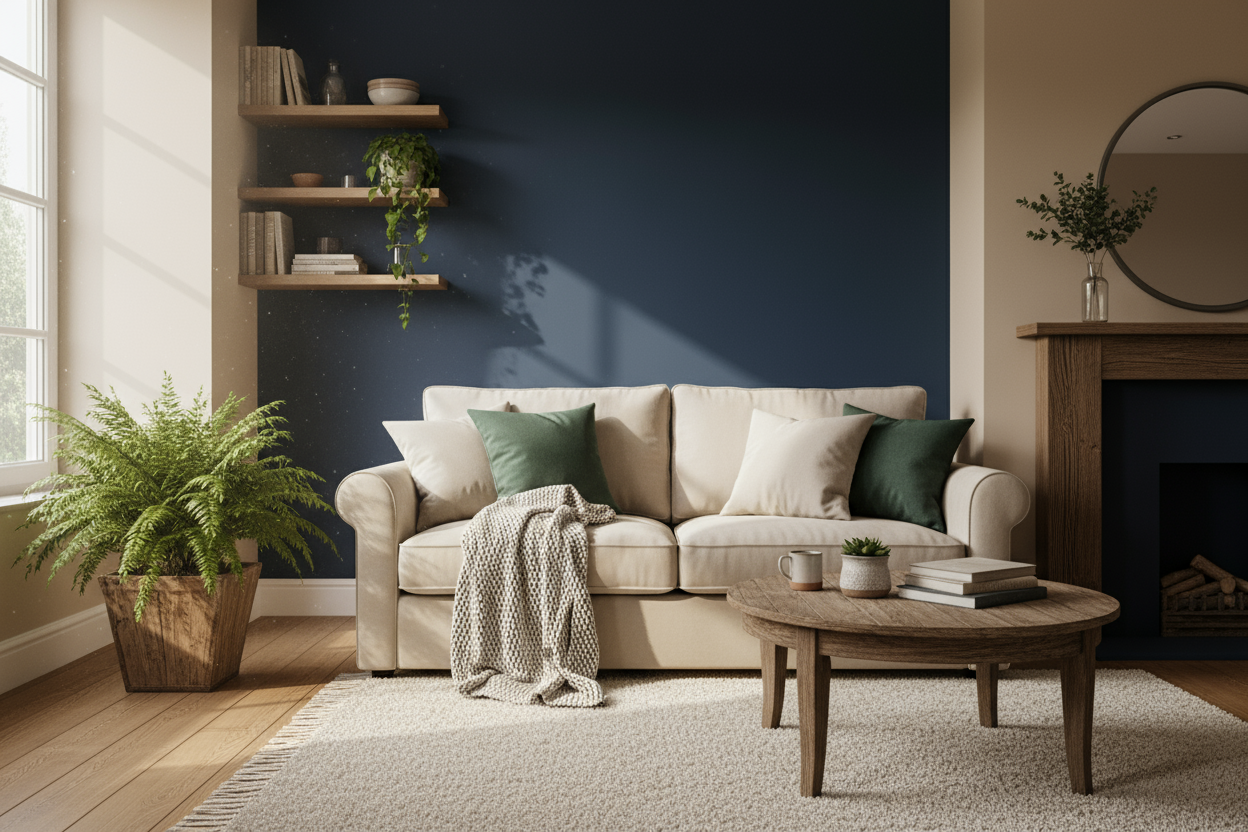 Uma imagem da casa, que gere conforto visual e se aplique ao estilo da loja, ficando visualmente bonito com as cores: 0C1C2C e E8E2CC e 2B7456